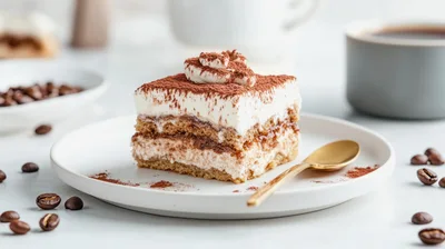 Slice of Tiramisu Dessert on a White Plate