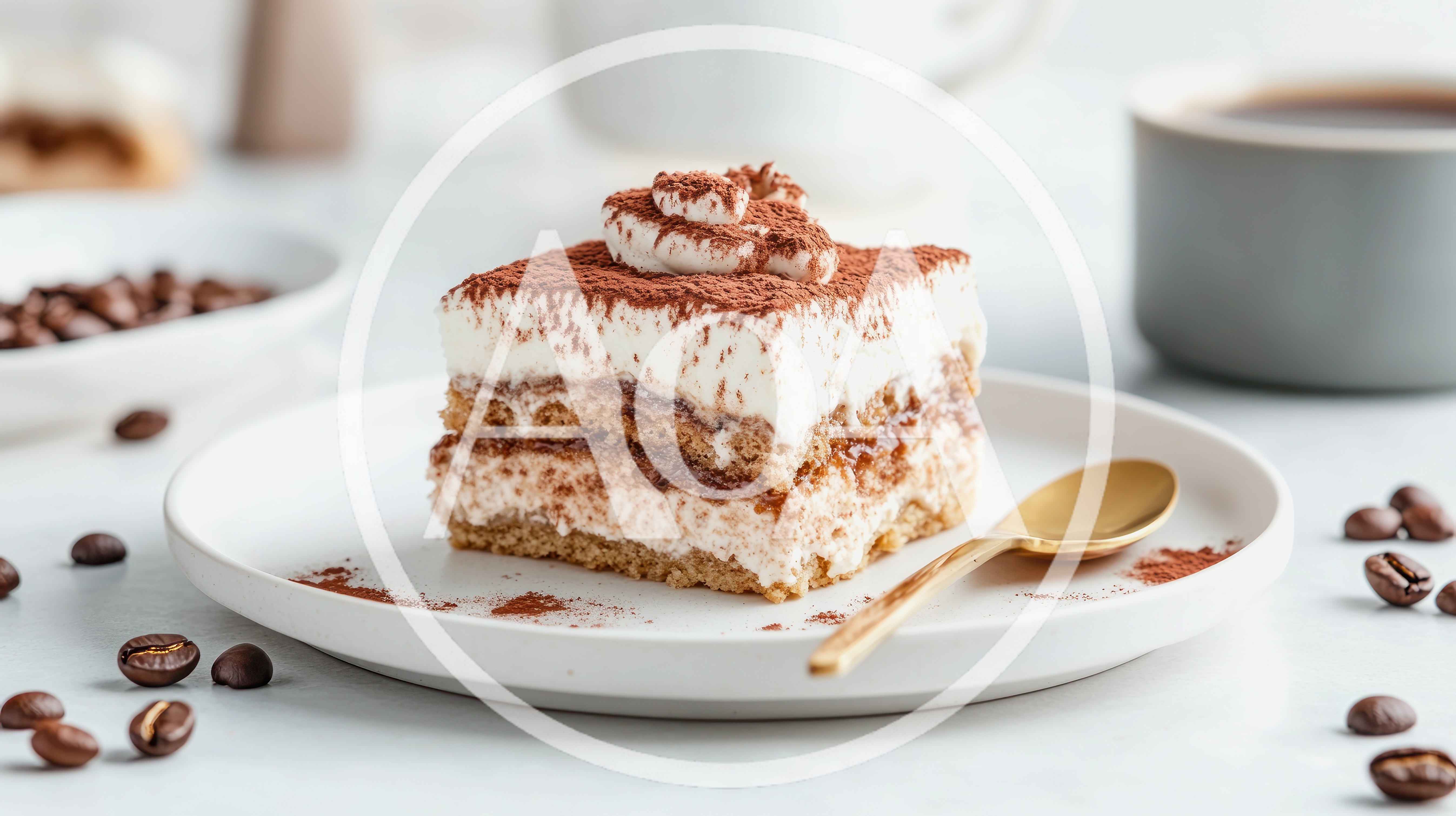 Slice of Tiramisu Dessert on a White Plate