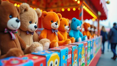Row Of Colorful Teddy Bears At A Carnival Stall