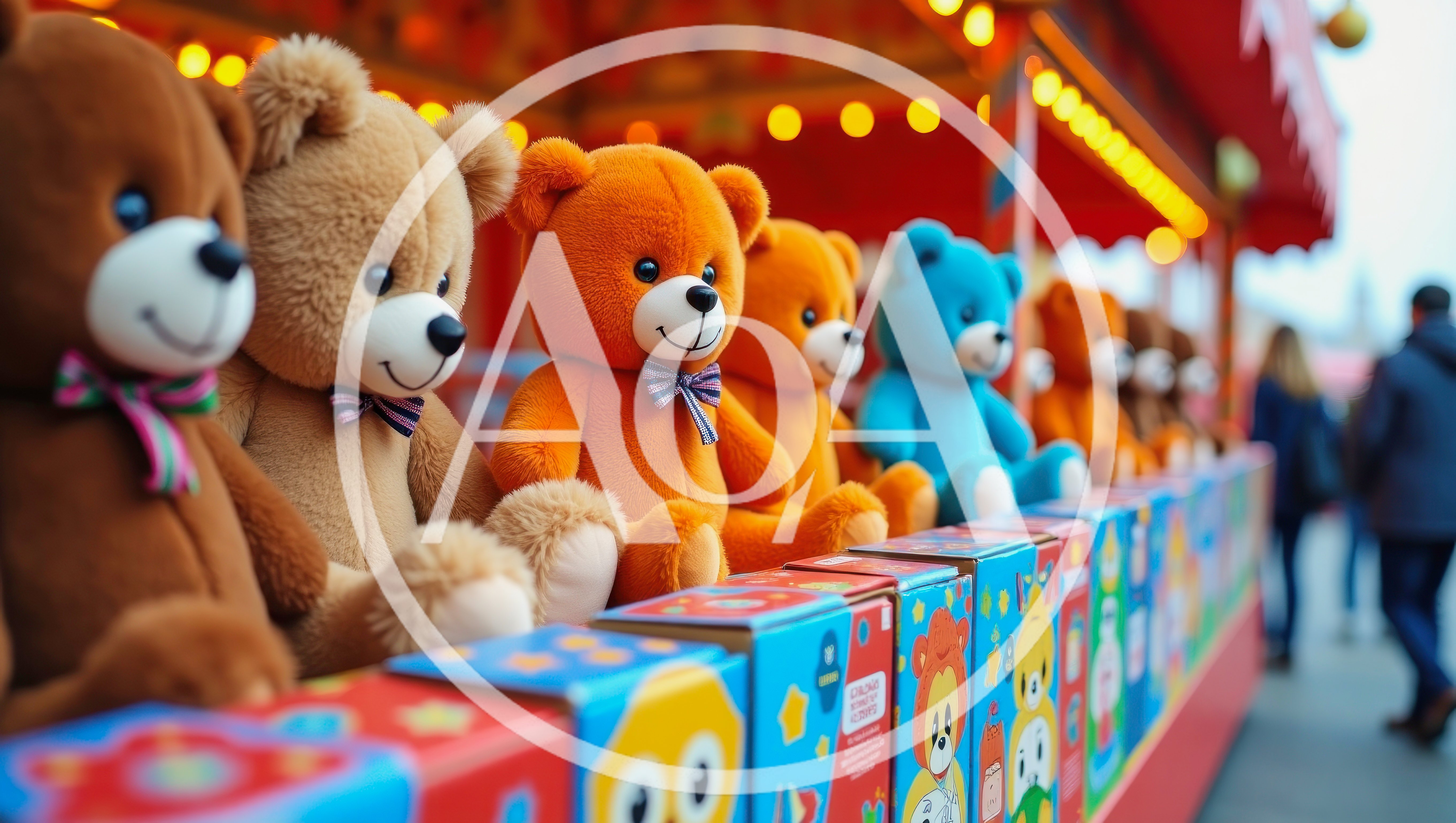 Row Of Colorful Teddy Bears At A Carnival Stall