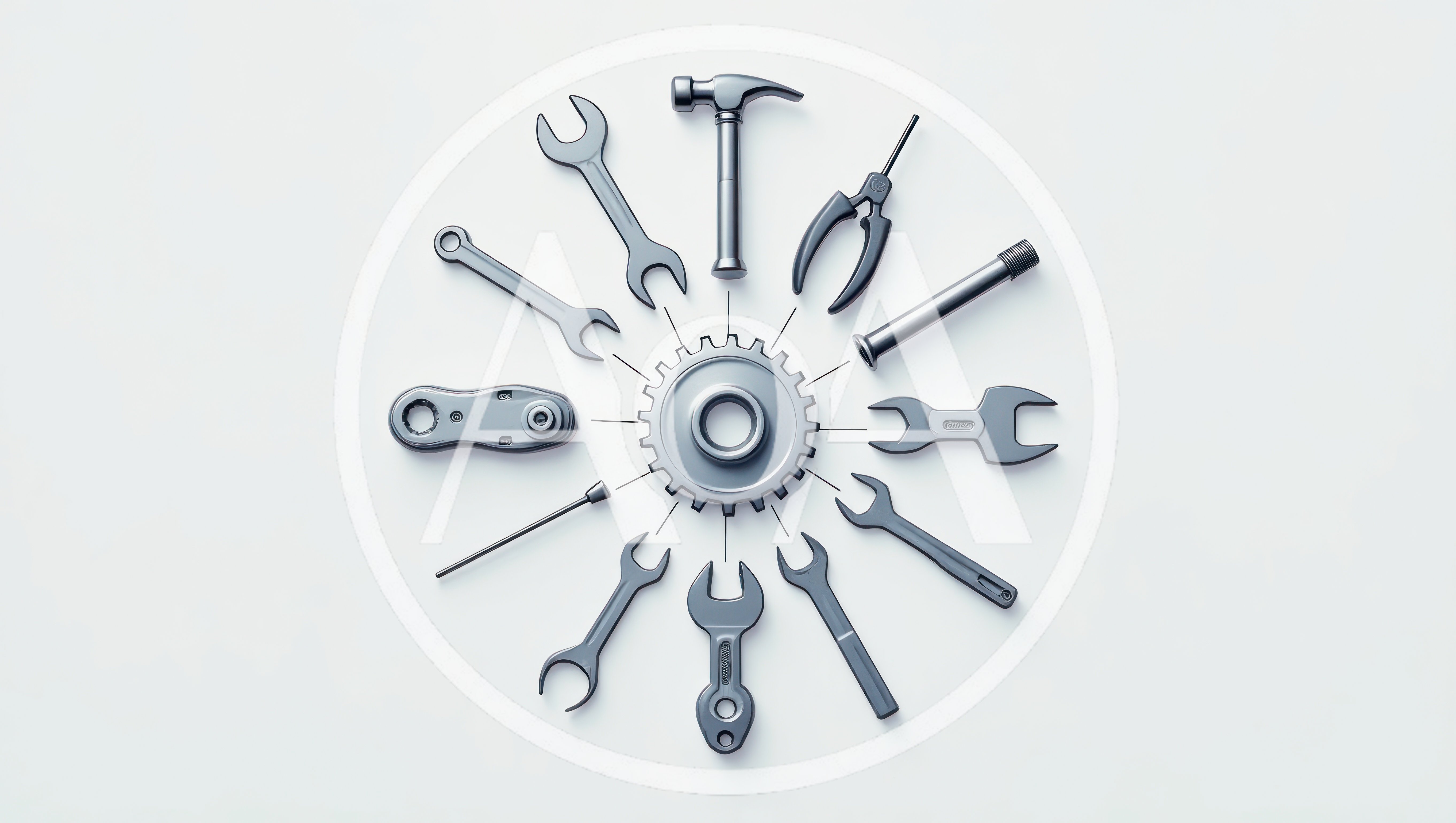Assorted Metal Hand Tools Arranged Around A Central Gear