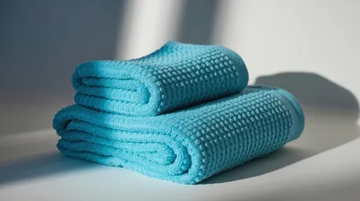 Two Folded Blue Textured Bath Towels