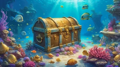 Treasure Chest Resting on a Vibrant Coral Reef