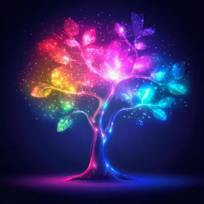Glowing Neon Rainbow Tree With Sparkling Particles