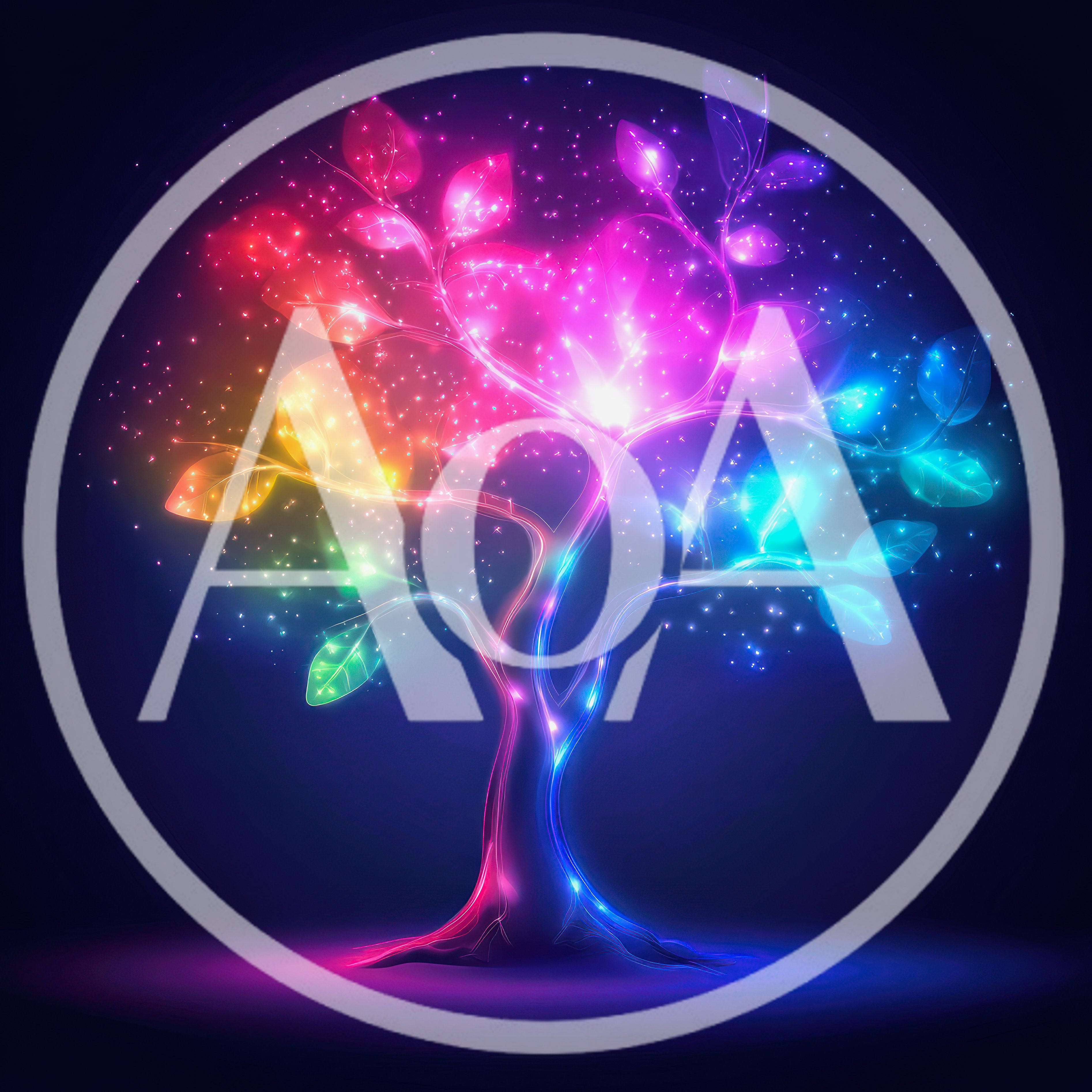 Glowing Neon Rainbow Tree With Sparkling Particles