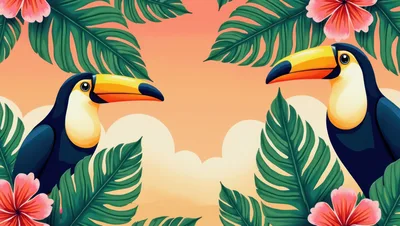 Two Toucans Perched Among Tropical Leaves and Flowers