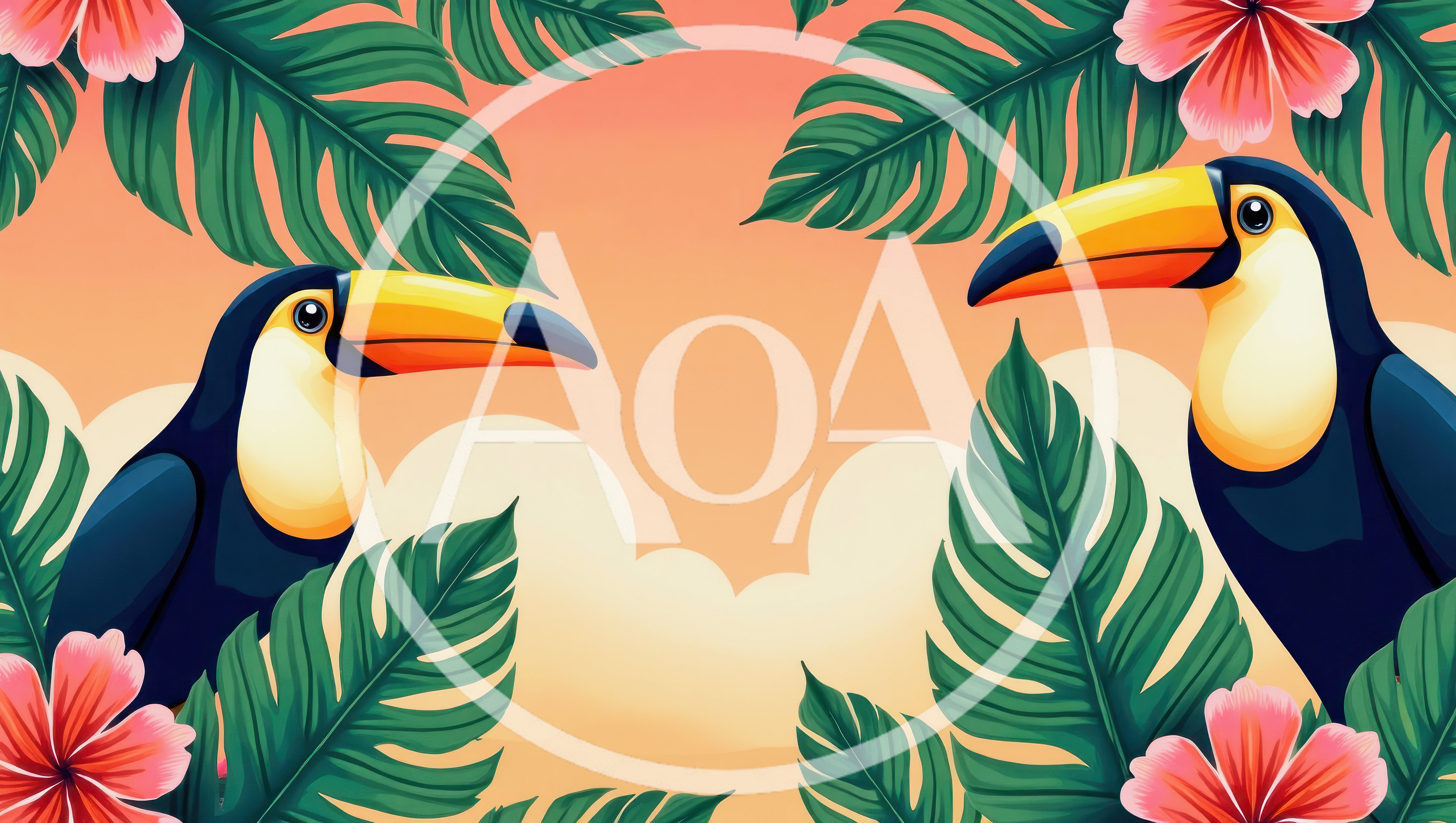 Two Toucans Perched Among Tropical Leaves and Flowers