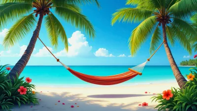 Empty Red Hammock Between Two Tropical Palm Trees