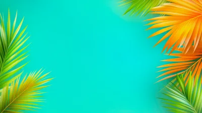 Tropical Palm Leaves Border on Vibrant Turquoise Background