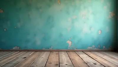 Empty Room With Distressed Teal Wall And Wooden Floor
