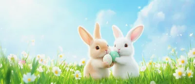 Two Cute Rabbits Holding Easter Eggs In A Meadow