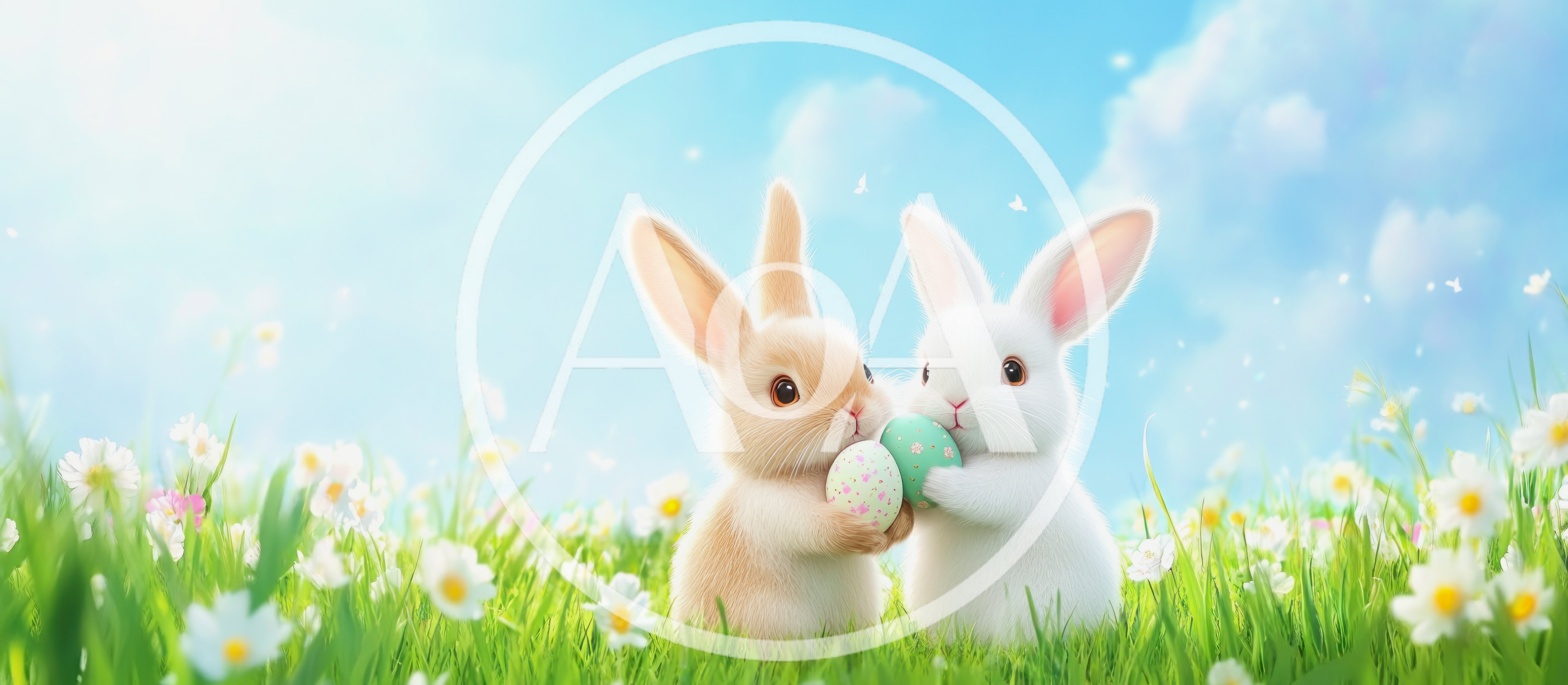 Two Cute Rabbits Holding Easter Eggs In A Meadow