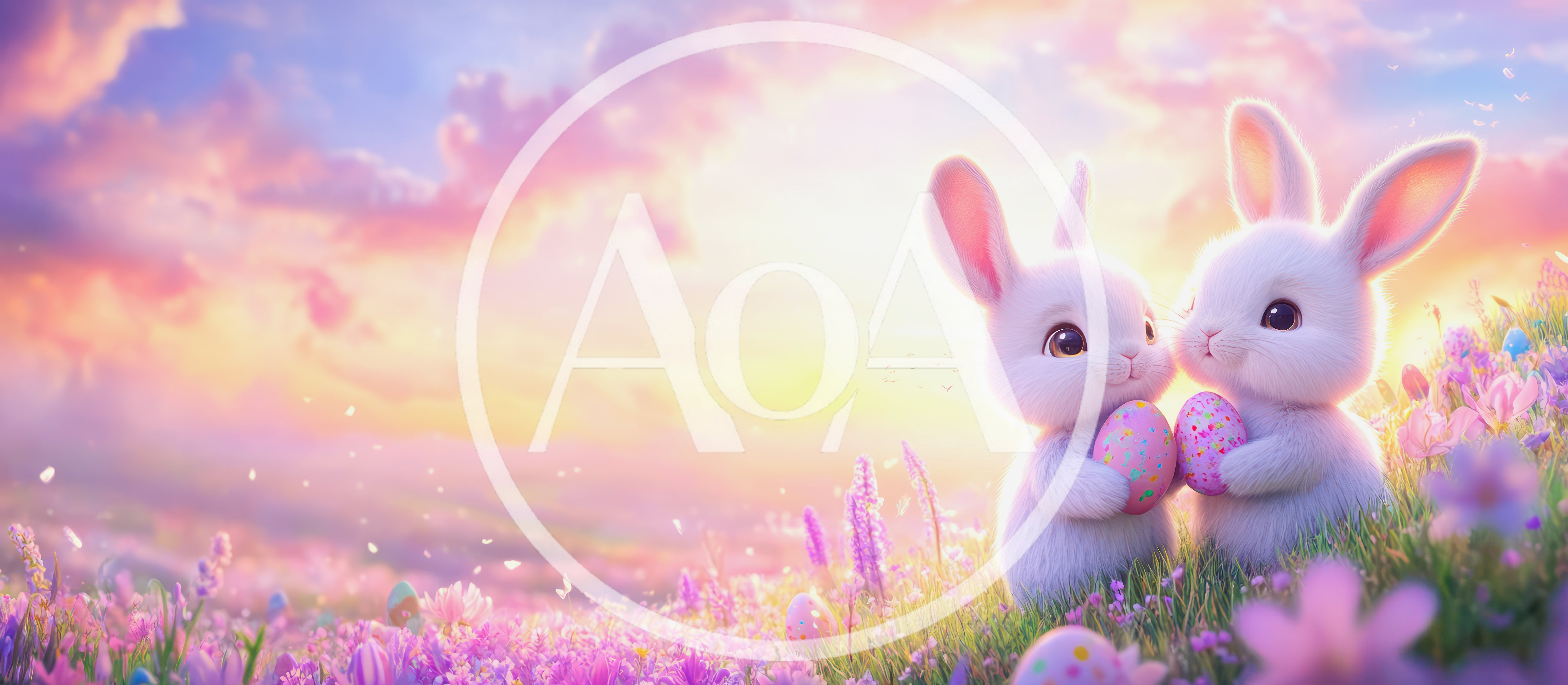 Two Cute White Bunnies Holding Easter Eggs