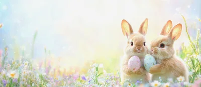 Two Cute Easter Bunnies Holding Decorated Eggs