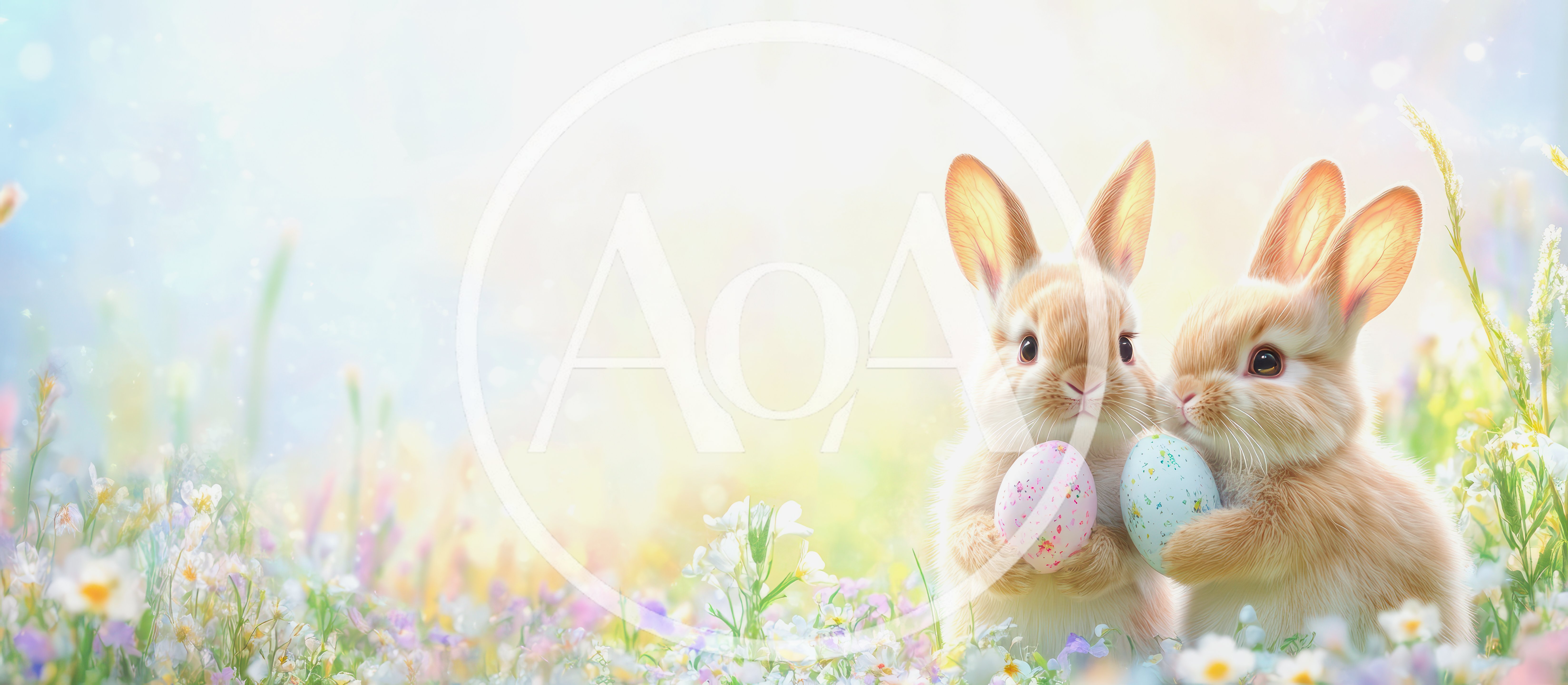 Two Cute Easter Bunnies Holding Decorated Eggs