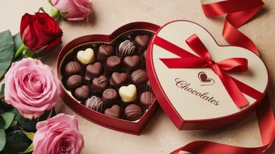 Heart Shaped Box Of Chocolates With Fresh Roses
