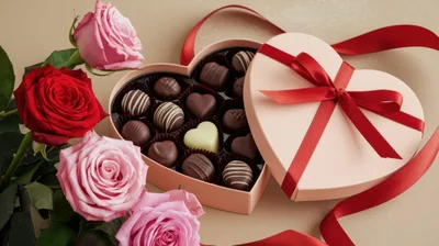 Heart Shaped Chocolate Box With Pink And Red Roses