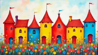Whimsical Colorful Castle Houses In A Flower Field