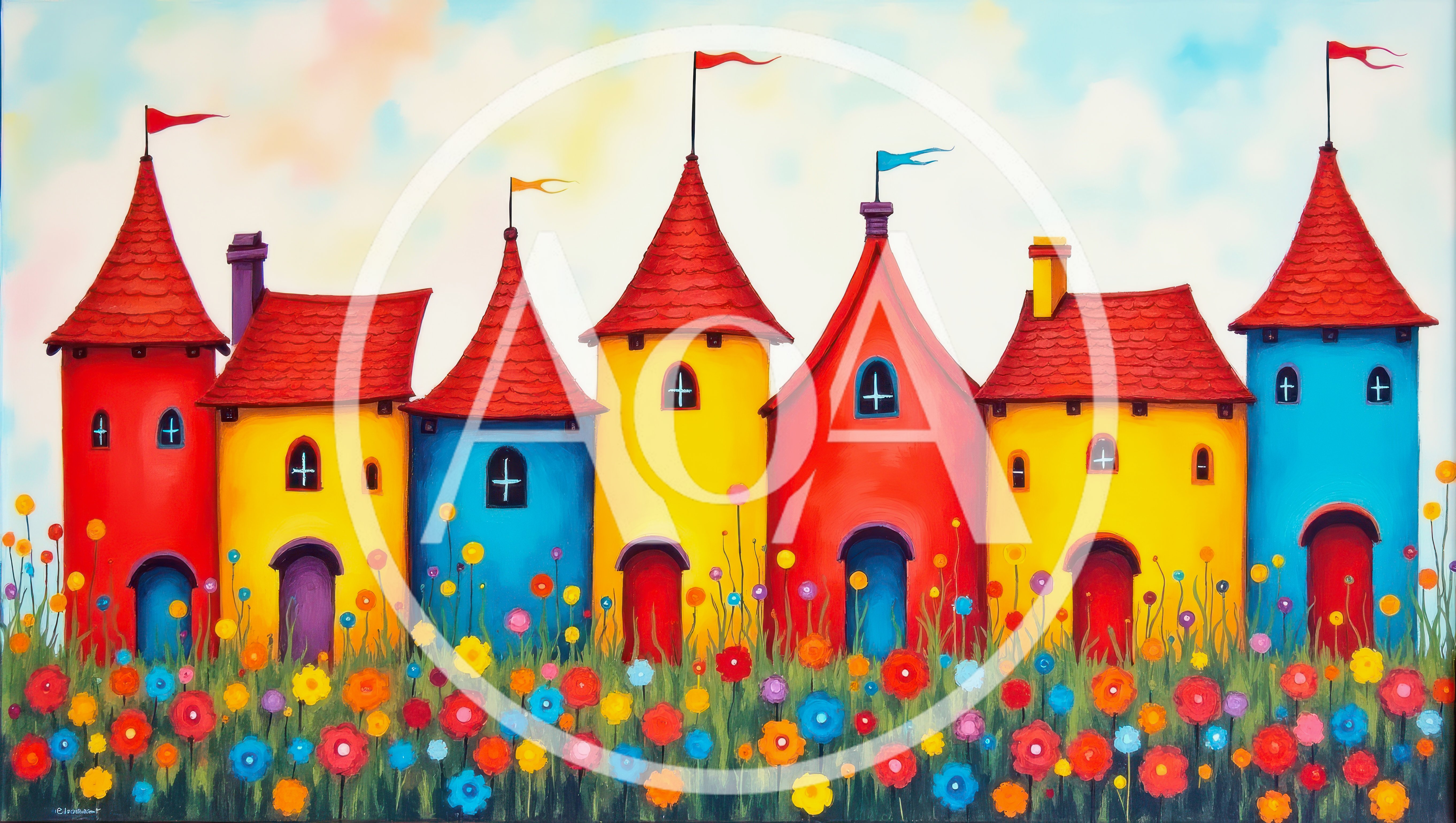 Whimsical Colorful Castle Houses In A Flower Field