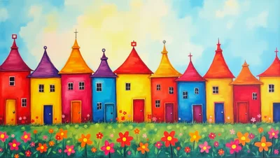 Whimsical Colorful Houses In A Flower Meadow