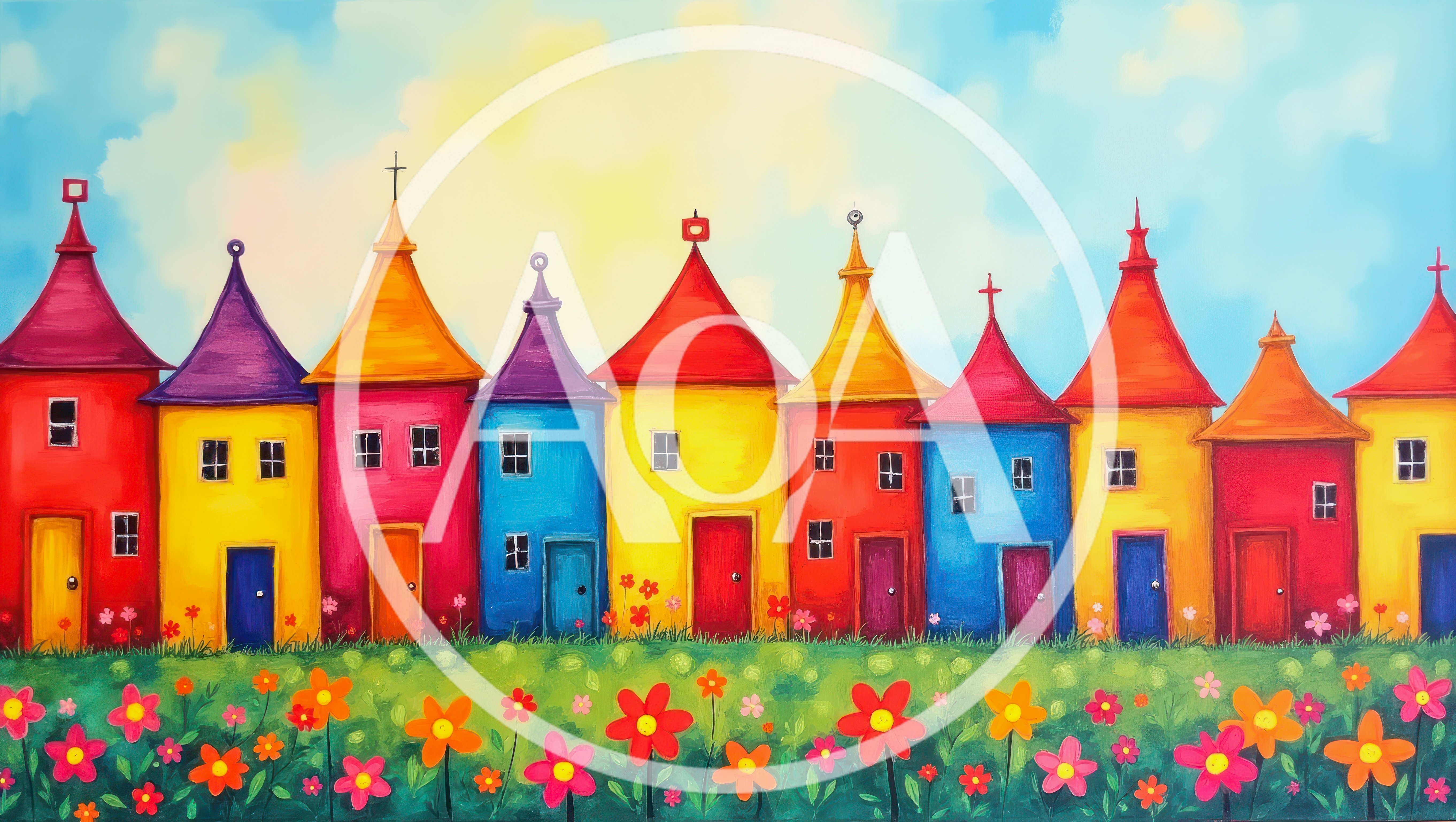 Whimsical Colorful Houses In A Flower Meadow