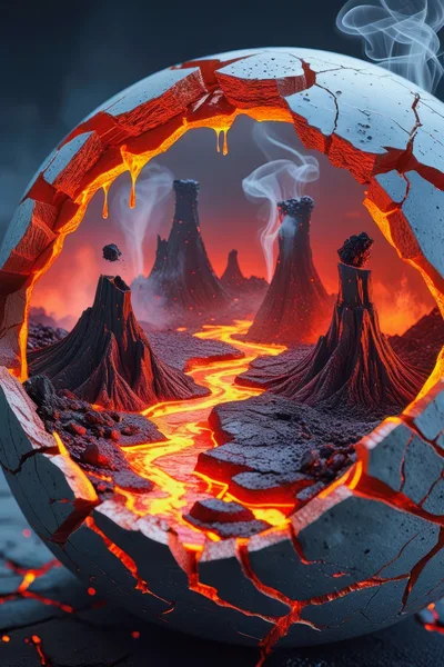 Cracked Eggshell Containing A Miniature Volcanic Landscape