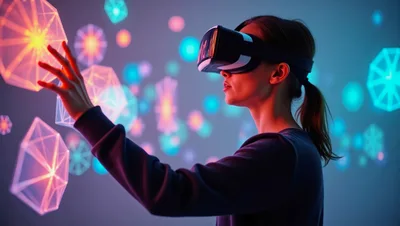 Woman Interacting With Holographic Geometric Shapes In VR