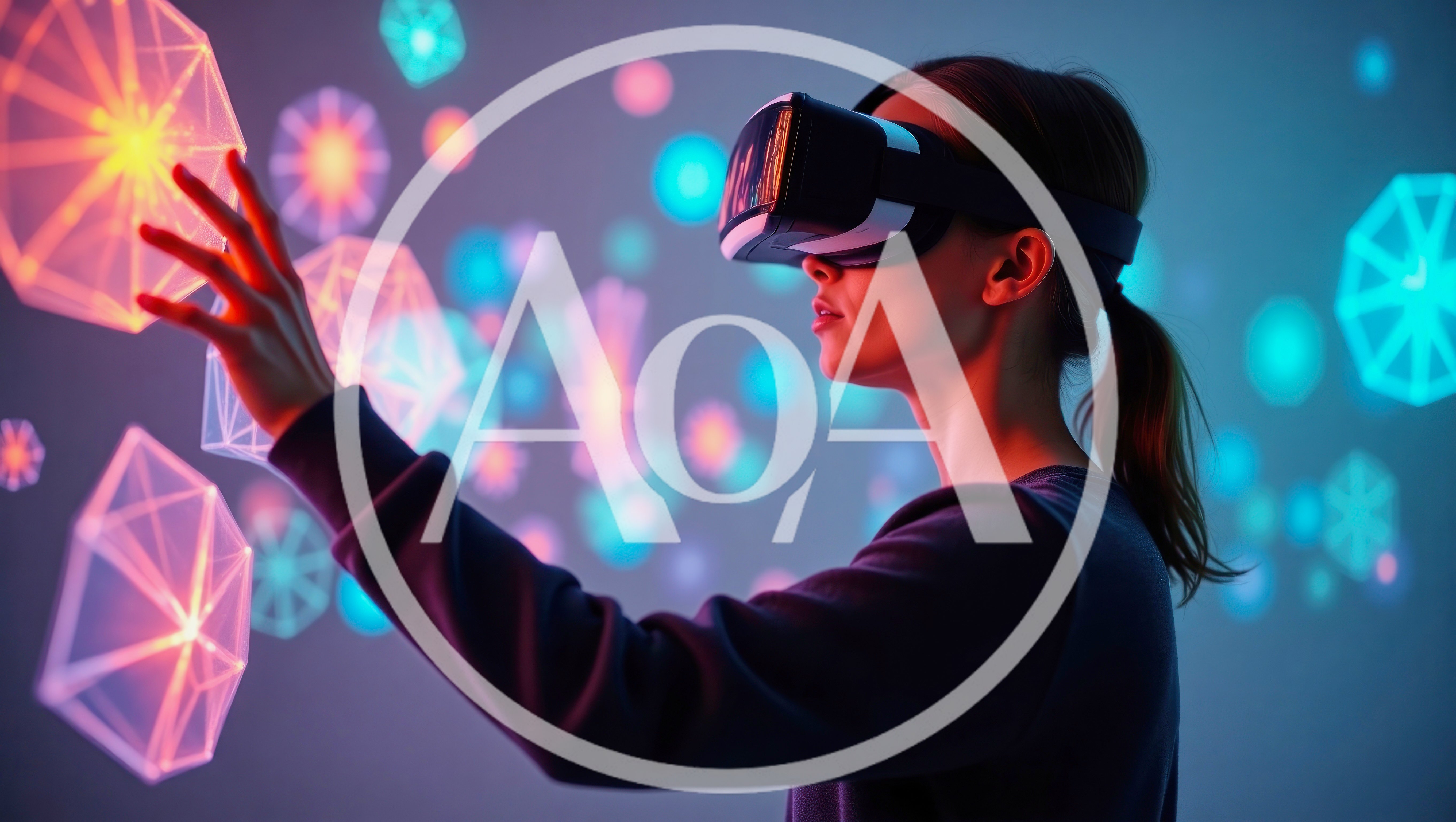 Woman Interacting With Holographic Geometric Shapes In VR