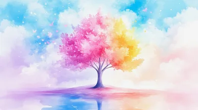 Watercolor Painting Of A Vibrant Colorful Tree