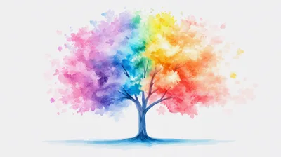 Watercolor Rainbow Tree Illustration On White Background