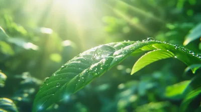 Dew Drops On A Green Leaf In Sunlight
