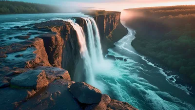 Majestic Waterfall Cascading Into A Deep River Canyon