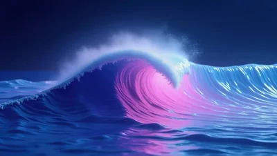 Glowing Neon Ocean Wave Breaking At Night