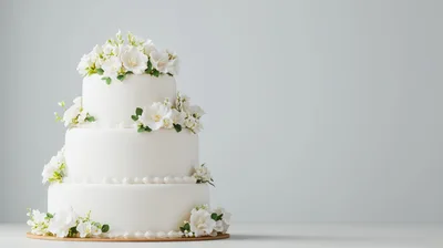 Three Tier White Wedding Cake With Floral Decorations