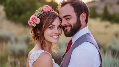 Happy Newlywed Couple Embracing Outdoors