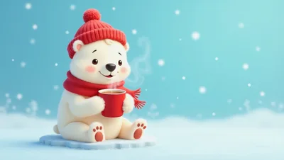 Cute Polar Bear Holding A Red Mug In Winter