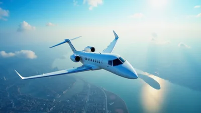 Private Jet Flying Over Coastal City Landscape