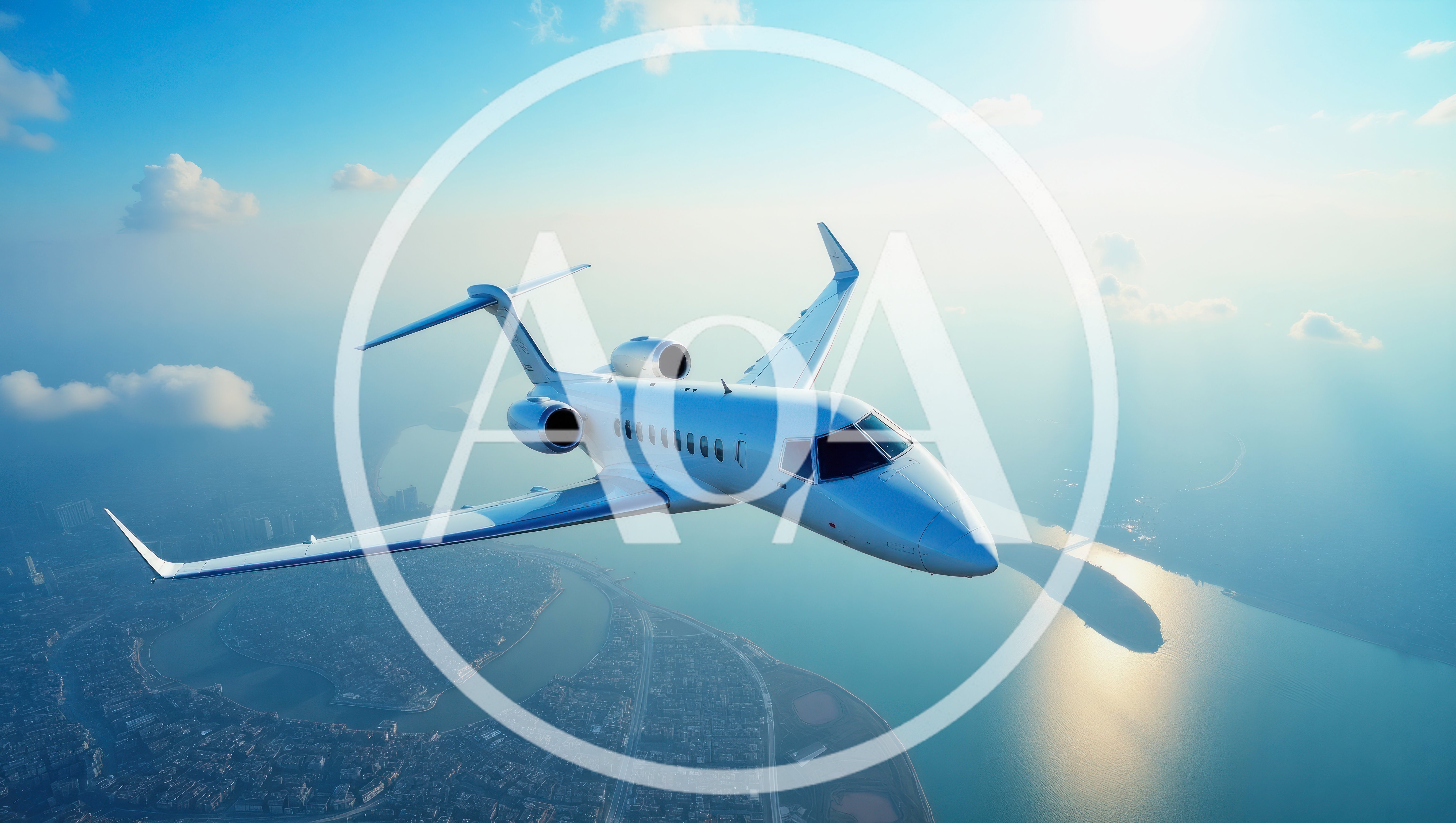 Private Jet Flying Over Coastal City Landscape
