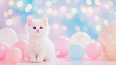 Adorable White Kitten Sitting Among Pastel Balloons