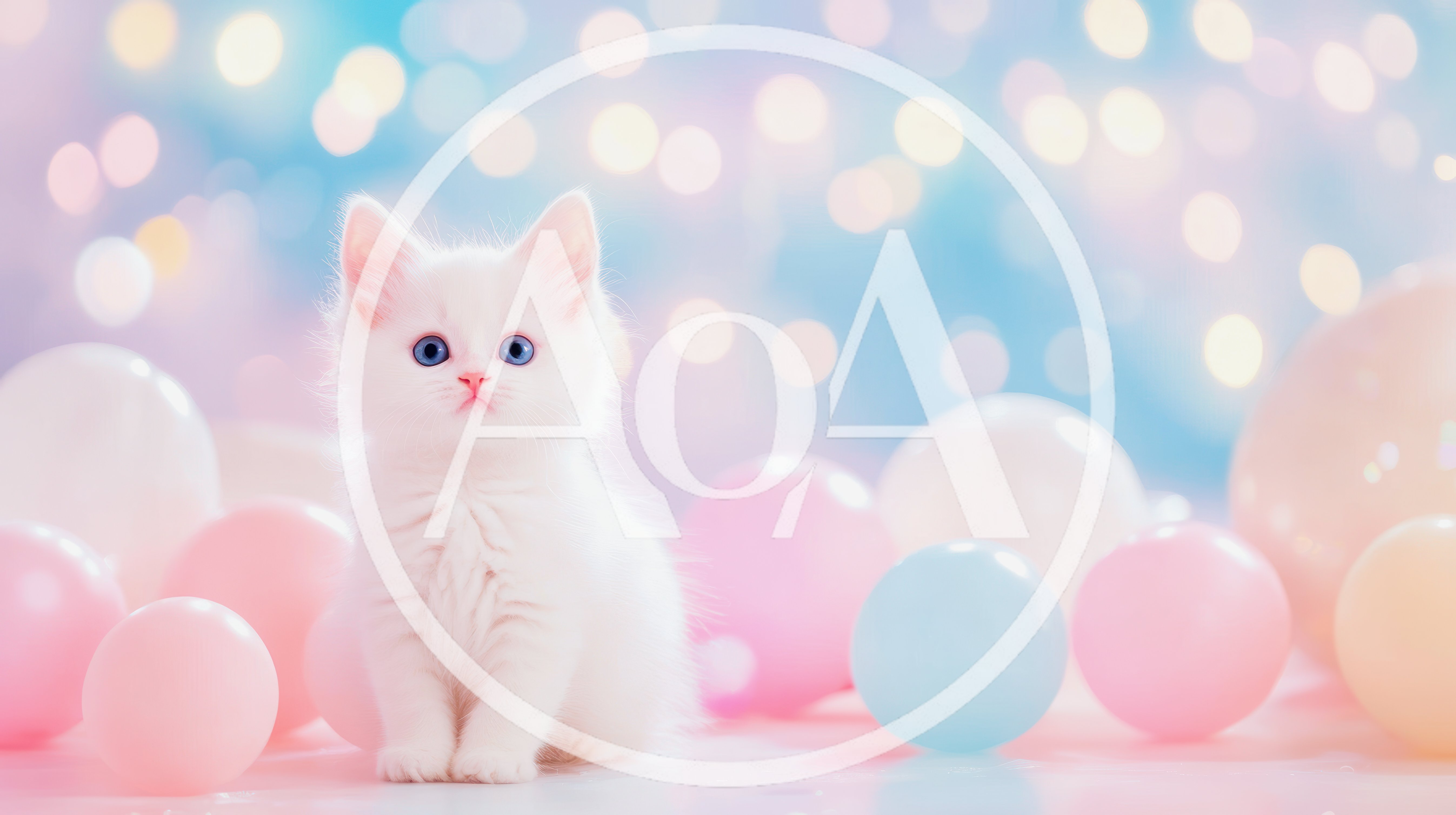 Adorable White Kitten Sitting Among Pastel Balloons