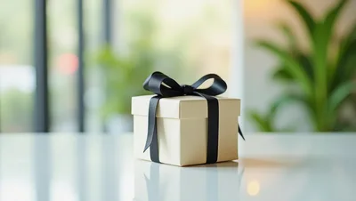 Elegant Gift Box With Black Ribbon On White Table