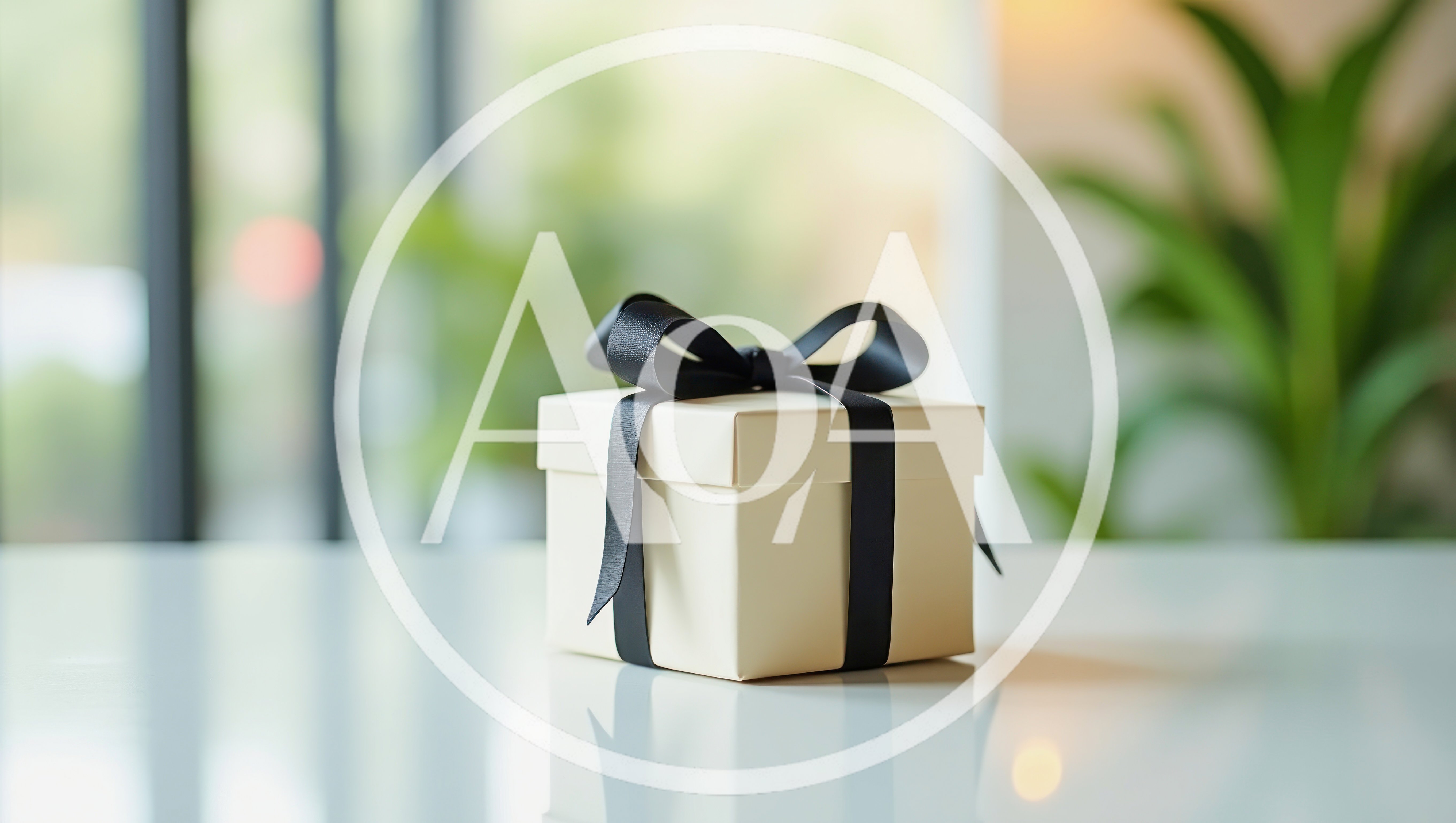 Elegant Gift Box With Black Ribbon On White Table