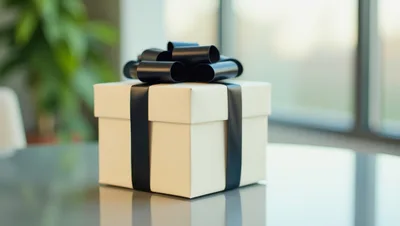 White Gift Box With Black Ribbon On Table