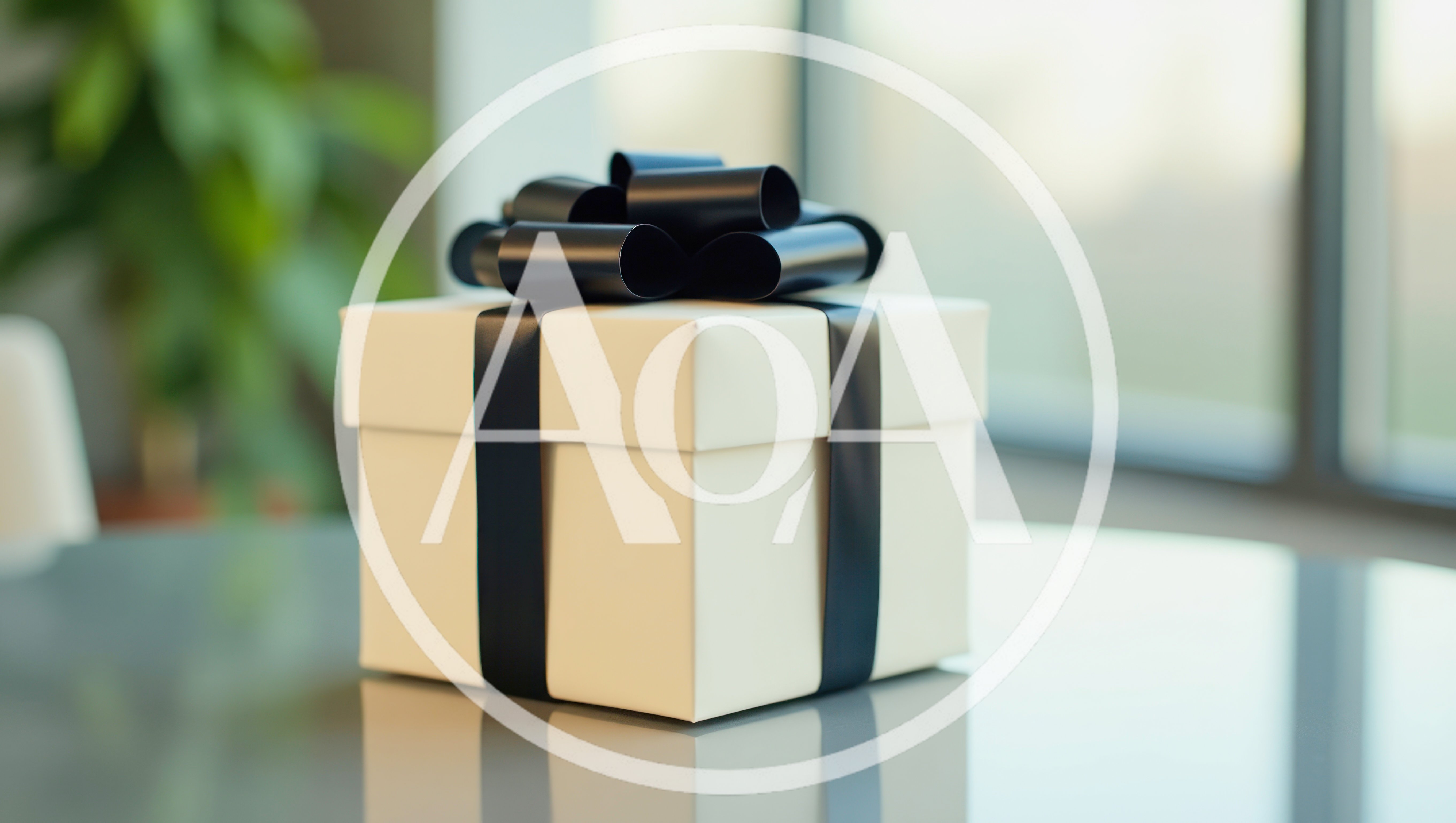 White Gift Box With Black Ribbon On Table