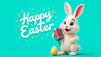 Cute Easter Bunny Holding A Vintage Microphone