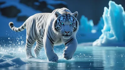 Majestic White Tiger Walking Through Icy Arctic Landscape