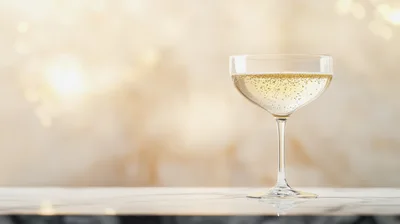 Champagne Coupe Glass With Gold Flakes On Marble Surface