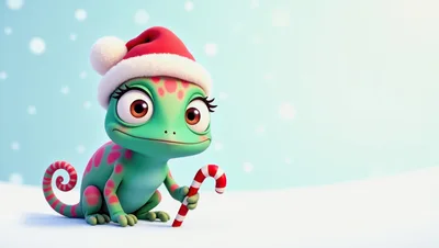 Cute Cartoon Chameleon Wearing A Santa Hat