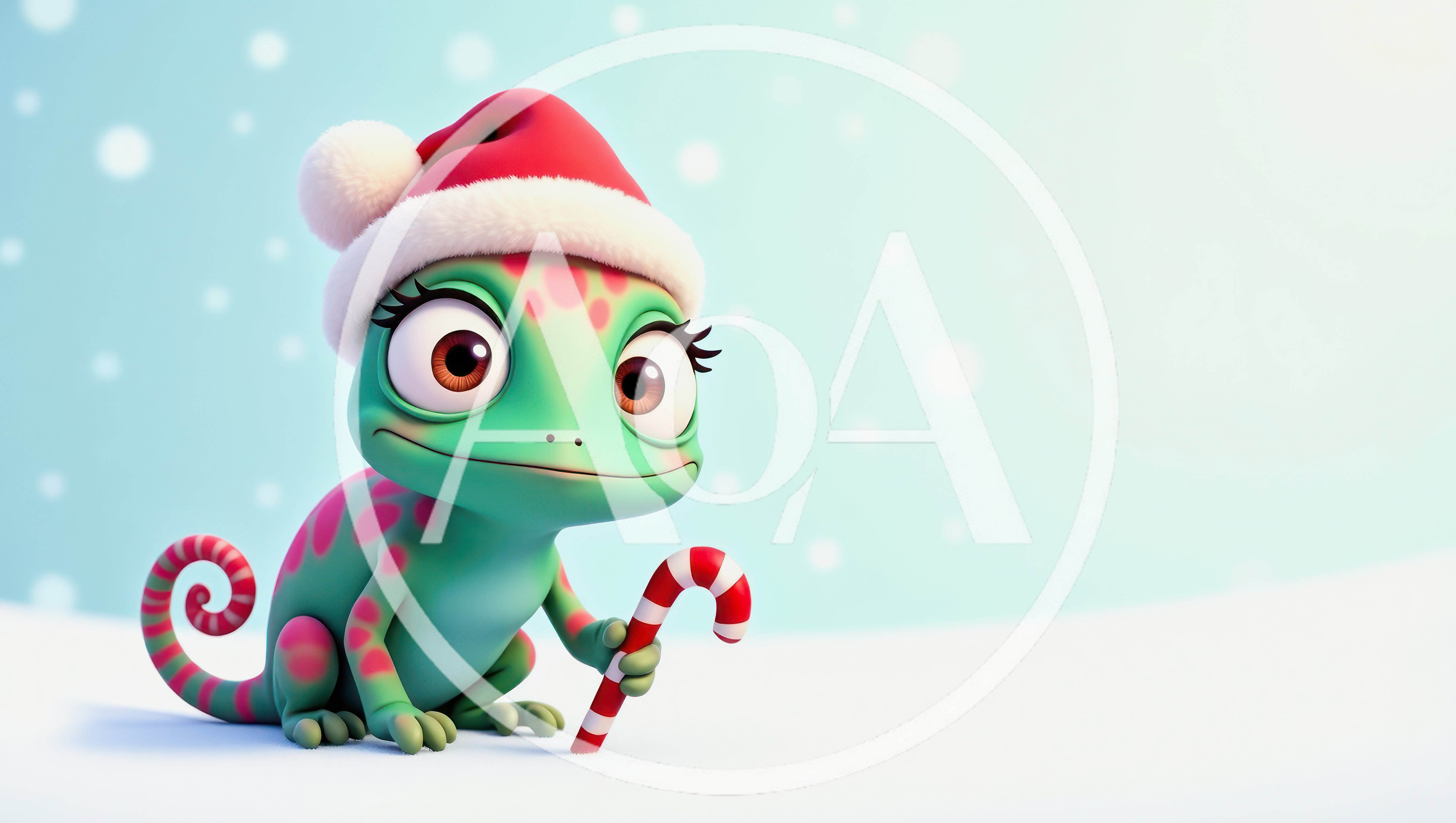 Cute Cartoon Chameleon Wearing A Santa Hat