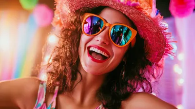 Happy Woman Wearing Colorful Hat And Sunglasses At Party